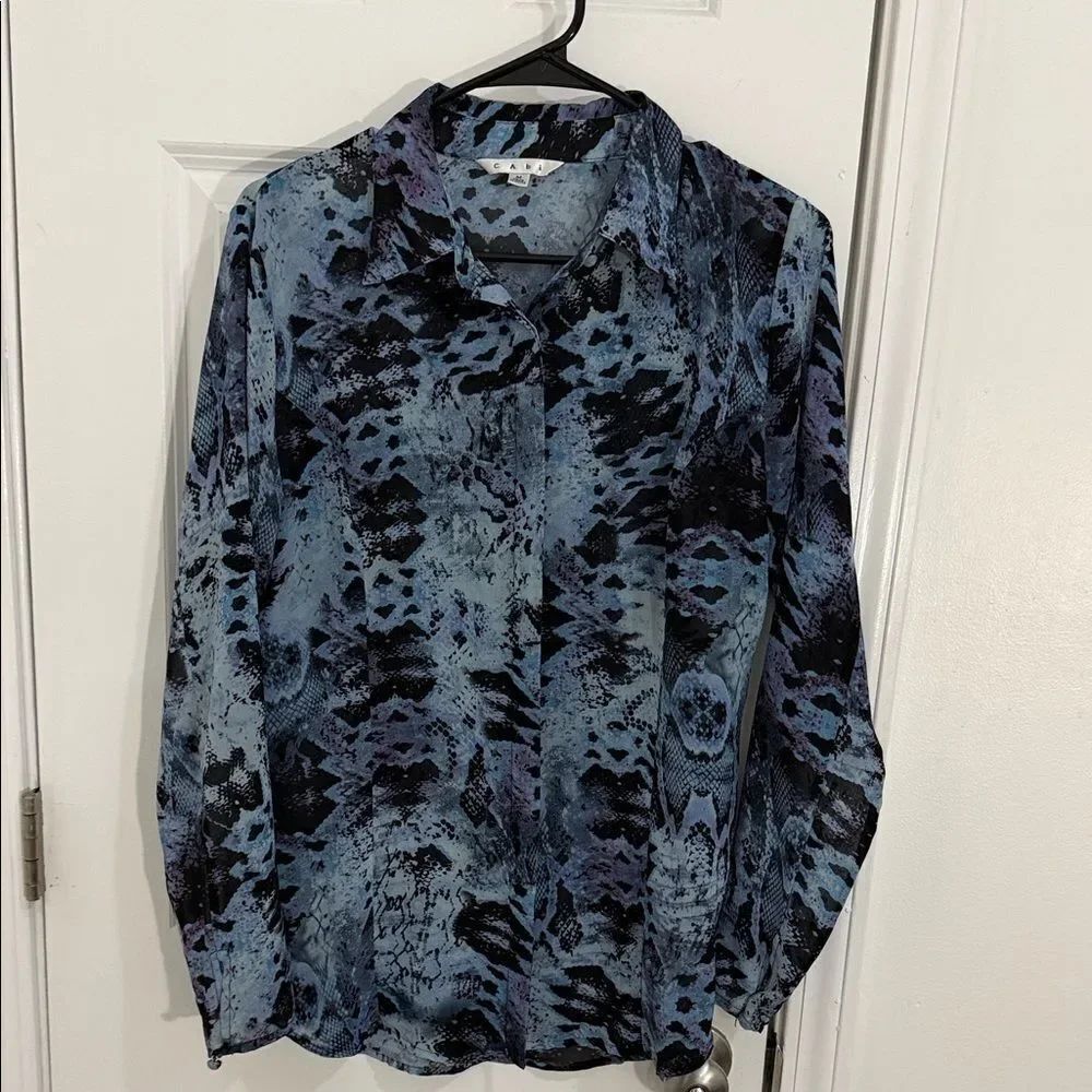 CAbi Blue and Black Patterned Blouse Size Medium